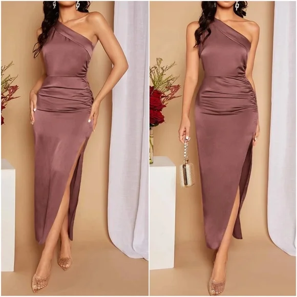 Luxe One Shoulder Satin Formal Evening party Dress - Picture 2 of 8